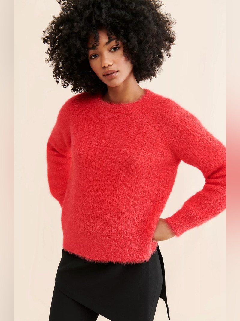 Anthropologie X Flat White Fluffy Crewneck Women’s Sweater. Coral Red. Size M